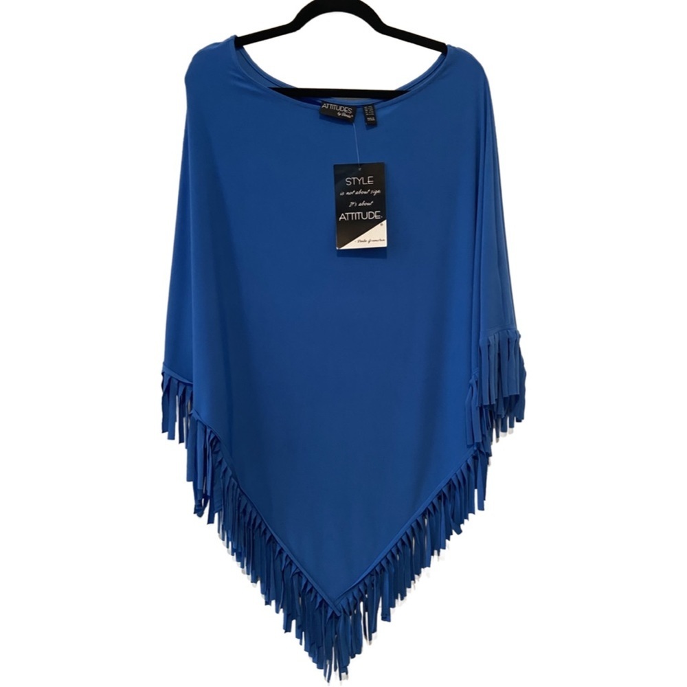 Attitudes by Renee Como Jersey Fringe Trim Poncho Blue Grotto M/L - Picture 3 of 15